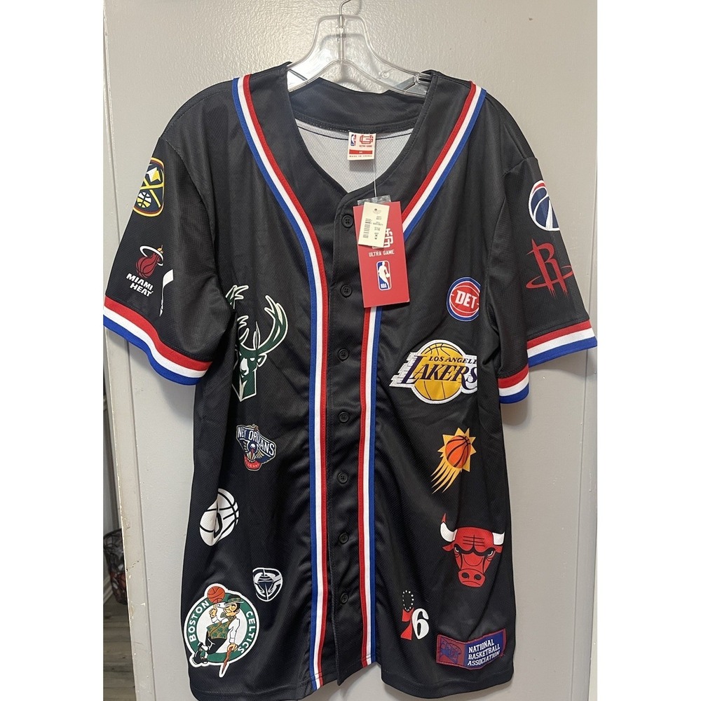 Ultra Game NBA All Team Logos Black Short Sleeve Shirt Men's Medium NWT